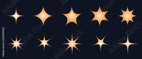 Sparkles and starbursts icon. Vector set of different twinkling sparkles icons on black background.