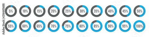 Abstract blue spiral percentage infographics elements. Round diagrams icons for infographics from 0 to 100 percent, pie charts indicators.