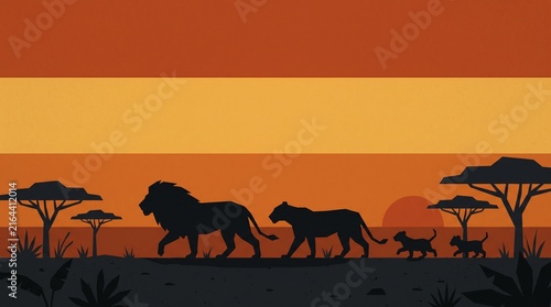 Lion Family Flat Illustration, Geometric Silhouette with Sunset Gradient Background, Modern Editorial Wildlife Design