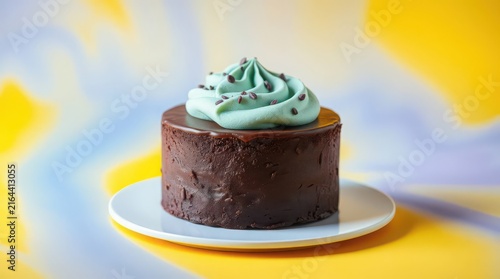 Chocolate cake with mint frosting. Gourmet dessert on a vibrant yellow abstract background.