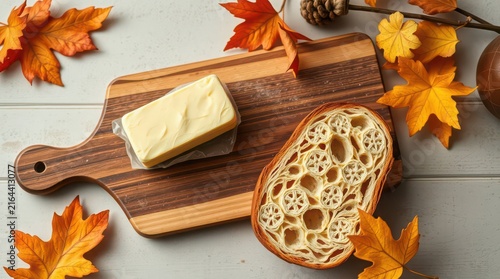 Fresh bread and butter on a wooden board. Autumnal flat lay with crispy sourdough and leaves.