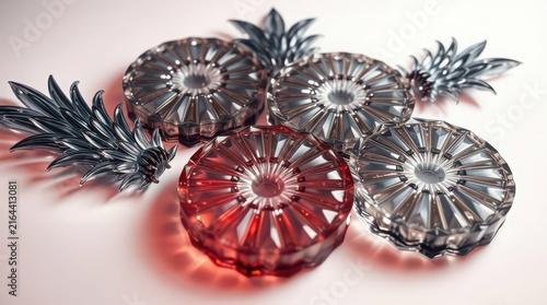 Glass pineapple slices in flat lay. Abstract crystal fruit art with reflections and light.
