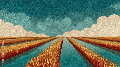 Stylized golden rice paddy field landscape with dramatic patterned sky