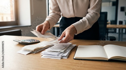 Businesswoman managing financial expenses and sorting receipts