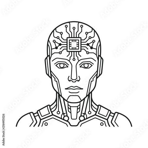 AI Robot with Microchip Single Line Art Vector Icon Design.
