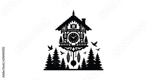 Detailed cuckoo clock with forest and birds black silhouette