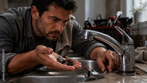 Male plumber in gray shirt examines plumbing parts in hand while kneeling at kitchen sink with broken faucet, tools and equipment visible in the background on a granite countertop