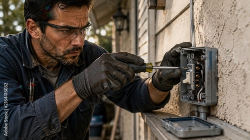 Male technician in dark work shirt and safety glasses repairs electrical panel on exterior wall of house, using screwdriver, with tools and residential setting visible in background