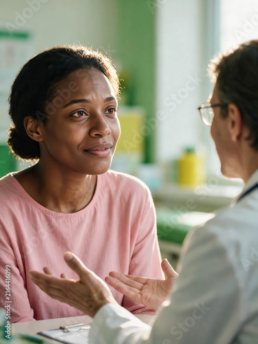 Woman listens intently during medical consultation. Doctor gestures while speaking, conveying care. Soft lighting enhances calm, trusting atmosphere. Ideal for healthcare, wellness