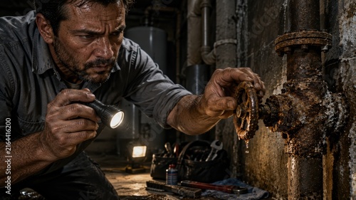 Male plumber in gray shirt inspects a rusty water valve with a flashlight in a dimly lit basement, surrounded by plumbing tools and equipment on the ground