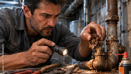 Male plumber examining a rusty pipe valve with a flashlight in a dimly lit basement, surrounded by tools, plumbing supplies, and exposed brick walls, showcasing a detailed work environment