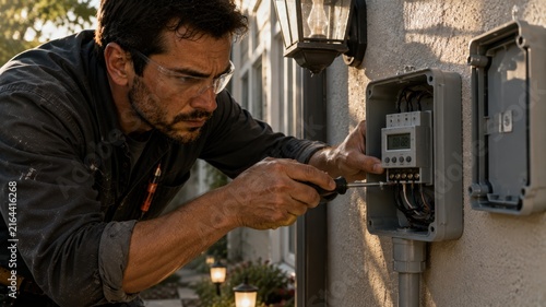 Male technician in safety glasses adjusts a digital timer on an outdoor electrical panel mounted on a wall, with soft lighting illuminating the surrounding garden area during late afternoon