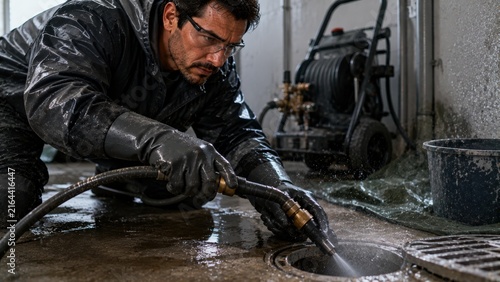 Male technician in black waterproof coveralls uses a high-pressure hose to clean a drain in a commercial setting, with a pressure washer and tools visible in the background
