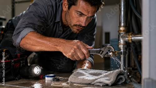 Male plumber in gray shirt uses adjustable wrench to fix leaking pipe under sink, with flashlight and tools on the floor, showcasing a detailed plumbing repair scene in a residential setting