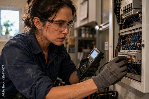 Female electrician in blue coveralls uses a multimeter to test electrical connections inside a control panel, with tools and equipment visible in a well-lit workshop environment