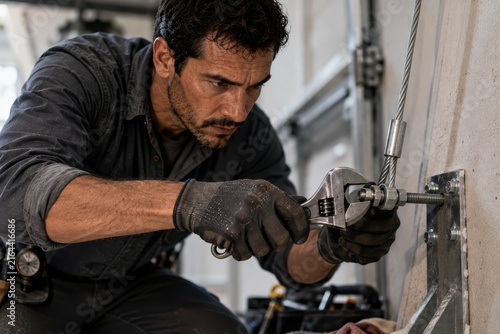 Male technician in gray shirt and gloves uses adjustable wrench to tighten a metal bolt on a wall-mounted fixture in a workshop, with tools and equipment visible in the background