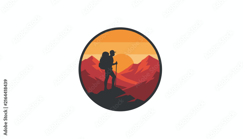 Fototapeta premium Solo hiker stands on a rocky peak overlooking majestic mountain ranges during a vibrant orange sunset in a circular badge style graphic illustration.