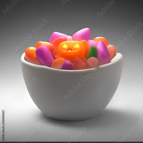 Colorful Jelly Beans in White Bowl on Gray Background.