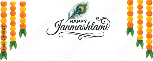 Happy Janmashtami festival greeting banner with elegant typography, peacock feather, and marigold flower garlands