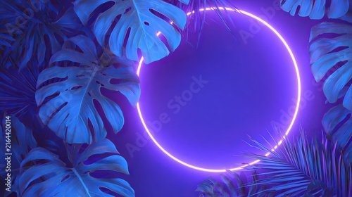 Tropical monstera leaves arranged around a glowing purple neon circle frame creating an artistic background for modern digital design projects