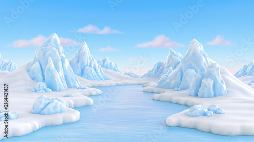 青空の下に広がる氷の山と静かな水面の幻想的な北極風景の3Dゲームのようなイラスト