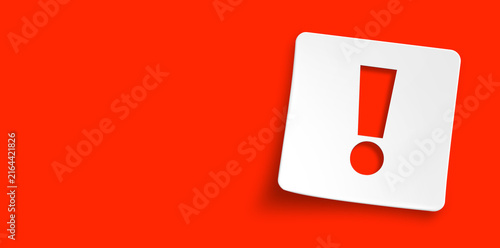 Note paper with exclamation mark warning sign on red background