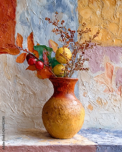 Colorful ceramic vase with branches and fruit still life impasto painting