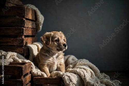 Adorable Golden Retriever Puppy on Rustic Wooden Crates