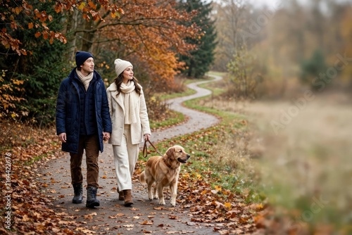Autumn Stroll: Couple and Dog on Scenic Woodland Path
