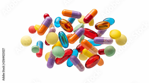 Colorful medical pills and capsules floating on white background. Assorted pharmaceutical medication. Healthcare supplements and vitamins.