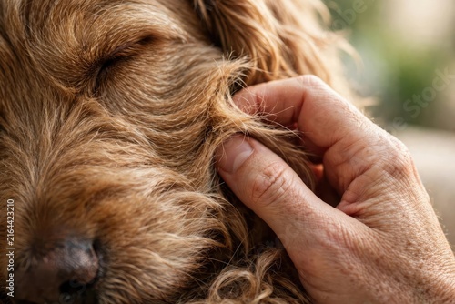 Gentle human hand stroking a golden retriever's soft fur