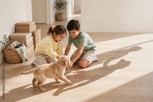 Happy Girl Interacting with Dog on Wooden Floor in Sunlight