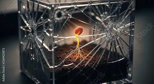 Glowing plant sprout growing in broken glass cube, resilient seedling in shattered transparent box, hope and survival concept