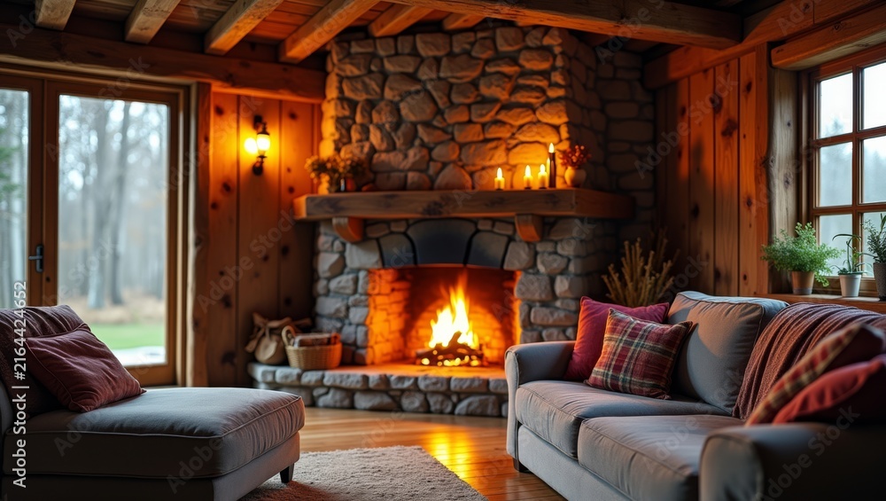 Fototapeta premium Rustic Living Room With Stone Fireplace