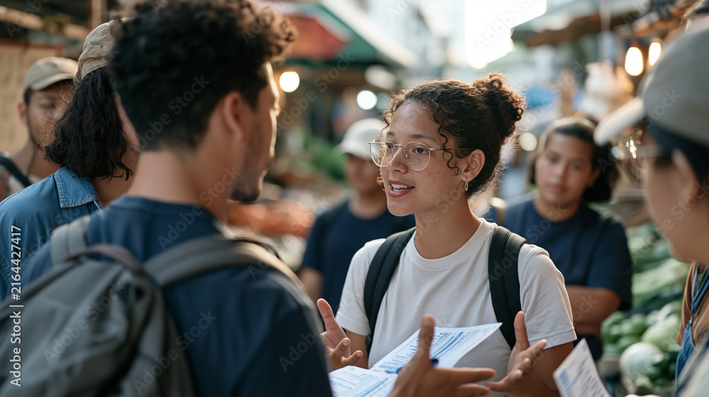 Fototapeta premium Multicultural teen debate club group in vibrant street market discussing printed research cards on weight loss resistance factors, stalls of produce surrounding them, animated