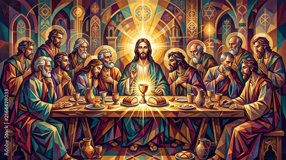 Fototapeta premium religious figure seated at a table sharing a meal with disciples