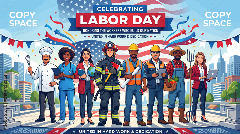 Obraz premium Diverse group of professionals celebrating labor day standing together before a waving national flag banner