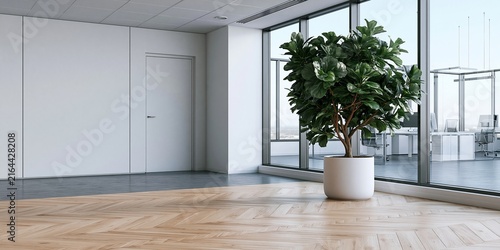 Modern empty office interior with wood floor, glass wall, and large potted indoor tree near corner; ceiling panels, closed door, and meeting room furniture visible