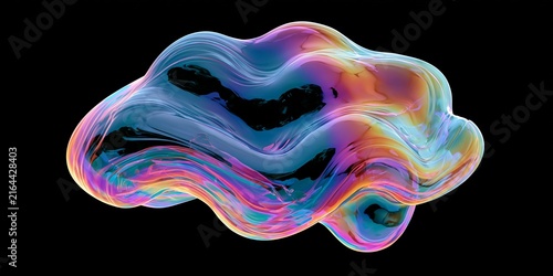 Iridescent multicolor fluid blob with glossy reflections and wavy ribbon-like layers, resembling a holographic soap bubble or melted glass, floating in dark space