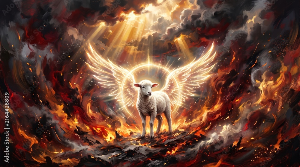 Fototapeta premium lamb with angel wings standing calmly within a firestorm