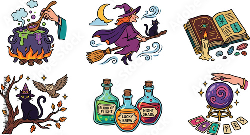 Witchcraft and Magic Icon Set Featuring Spells Potions and Mystical Halloween Elements