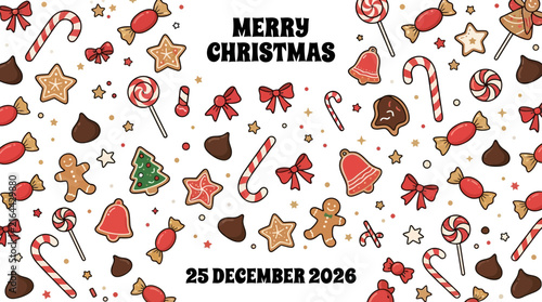 Merry Christmas 2026 Festive Vector Background with Cookies, Candy Canes, and Sweets Illustration