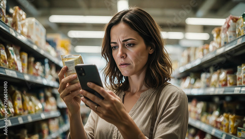 Woman scans product with smartphone in grocery aisle. Focused expression suggests careful research or comparison. Bright fluorescent lighting illuminates shelves and product labels