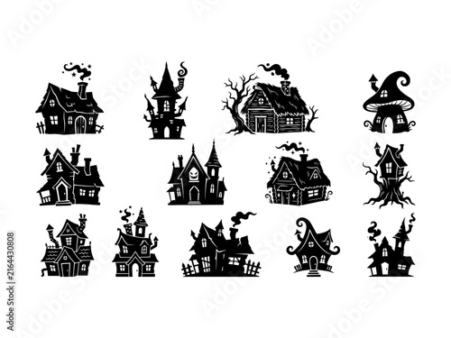 Halloween spooky house silhouettes with magical details for creative holiday designs.