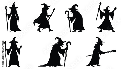 Fotografie Witch silhouettes holding staves set featuring varied poses with magic wands perfect for fantasy illustrations and halloween themed graphic projects