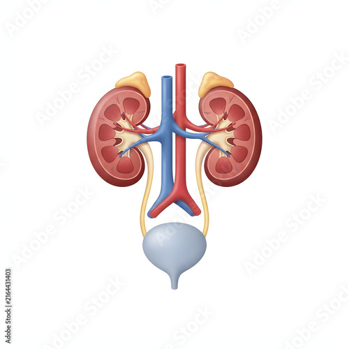 3D medical illustration of human kidneys with urinary system anatomy and blood vessels