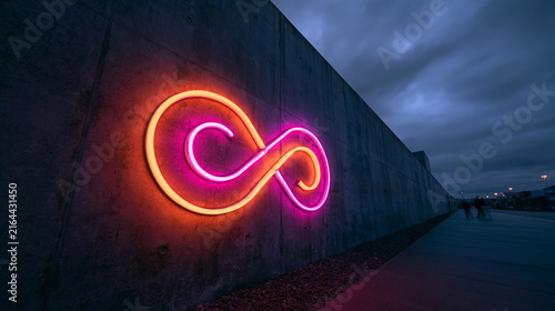 Neon Infinity Symbol Glowing on Urban Concrete Wall