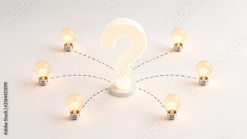 Fototapeta kuchenna Glowing white question mark connected to multiple lightbulbs representing brainstorming sessions and finding creative business solutions