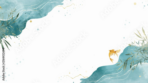 A minimalist Japanese-style watercolor background illustration featuring cool teal abstract waves, green leaves, a swimming goldfish, and gold accents with ample white space.