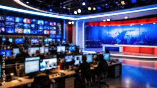 Blurred wide shot of media professionals working at computer consoles in a modern television news broadcast control room. High-tech blue and red ambient lighting highlights the media production.